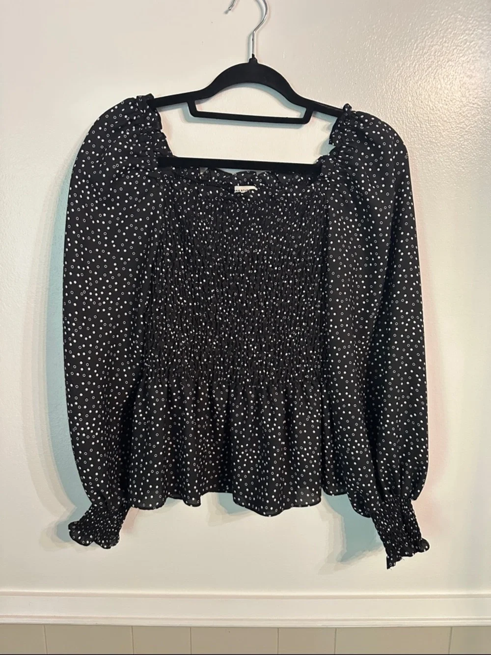 Smocked Peplum Long-Sleeve Top in Black with White Dot Print Size S